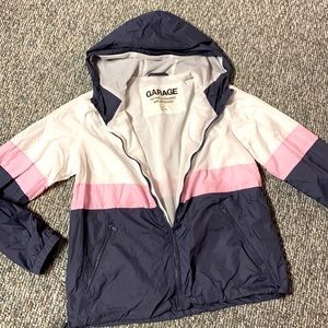 Garage spring jacket, white/purple/pink, youth size large.
